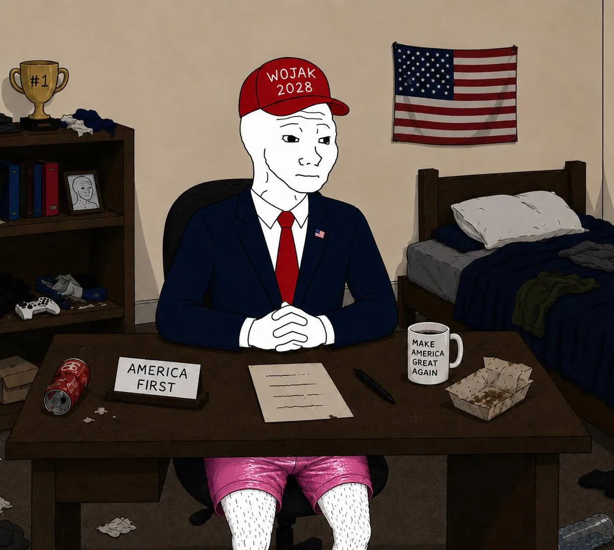 Bald Wojak in a navy suit and red tie, red cap reading WOJAK 2028, flag pin on the lapel, flag filling the frame behind him. The face does nothing. That is the platform.